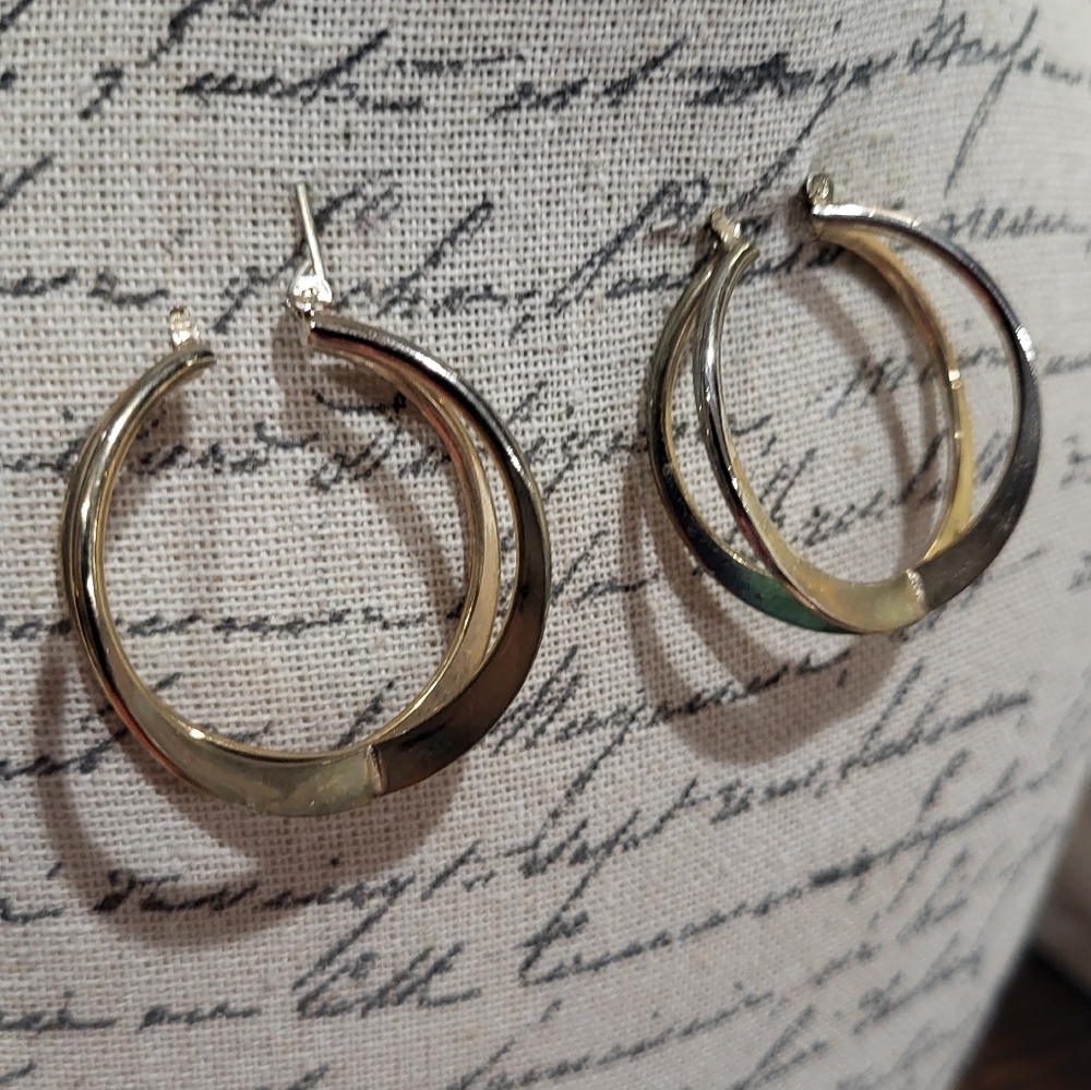 Gold Tone Crossed Hoop Hinge Closure Earrings